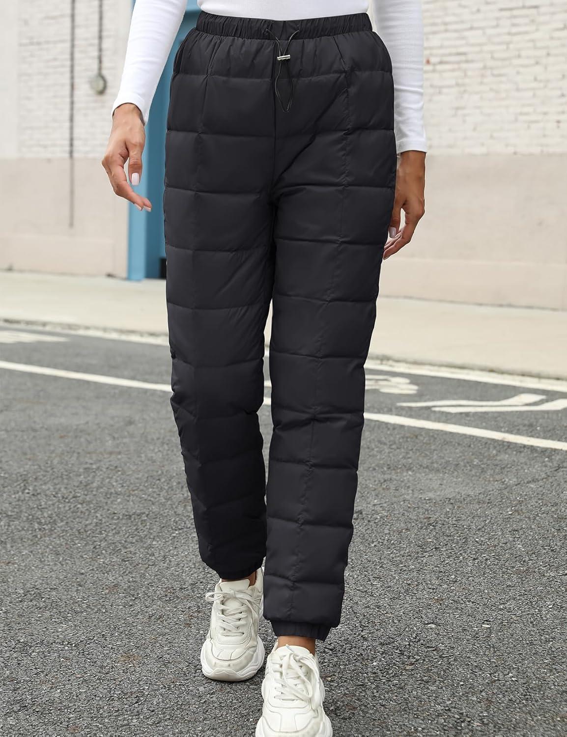 imageGihuo Snow Pants Womens Winter Windproof Down Pants Warm Outdoor Ski Pants Padded Loose Ultralight Warm TrousersBlack