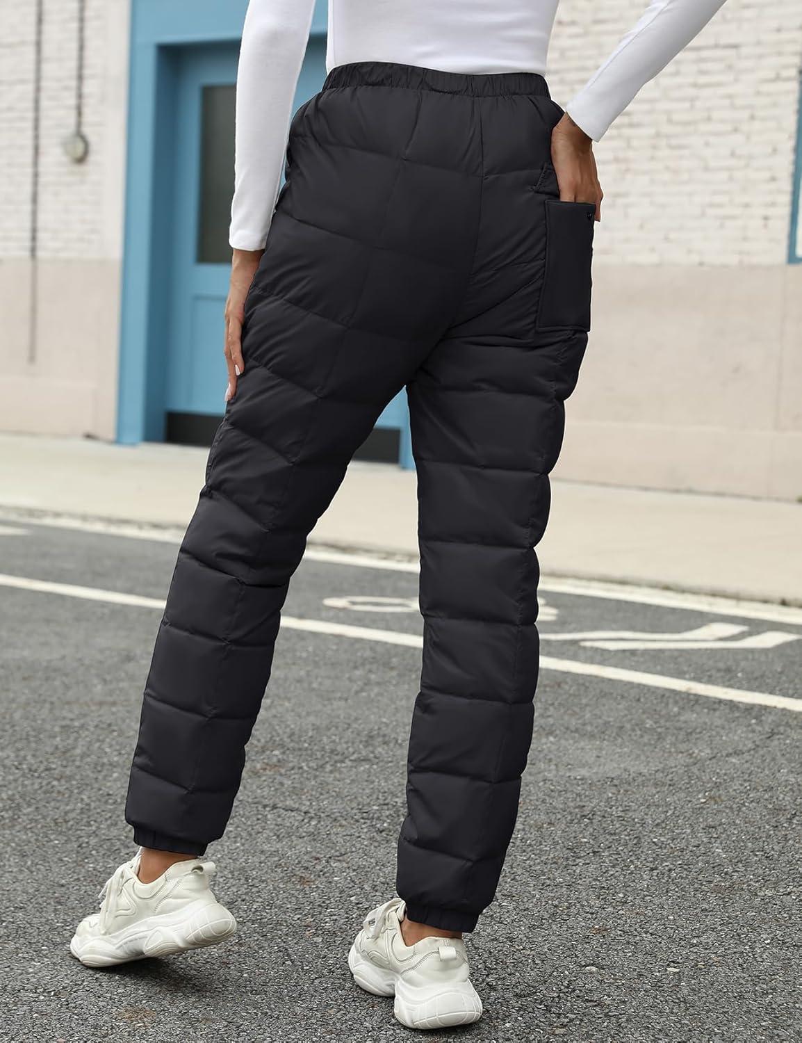imageGihuo Snow Pants Womens Winter Windproof Down Pants Warm Outdoor Ski Pants Padded Loose Ultralight Warm TrousersBlack