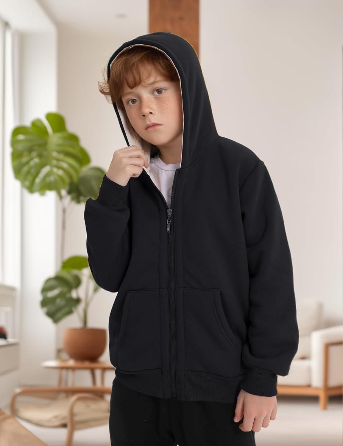 imageGihuo Unisex Boys Girls Winter Warm Sherpa Lined Zip Up Sweatshirt Fleece Jacket Kids Hoodie OuterwearBlack