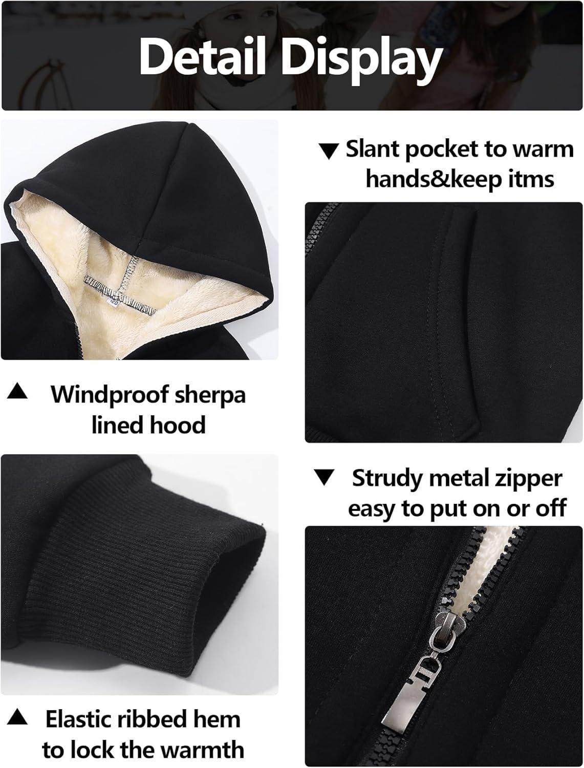 imageGihuo Unisex Boys Girls Winter Warm Sherpa Lined Zip Up Sweatshirt Fleece Jacket Kids Hoodie OuterwearBlack