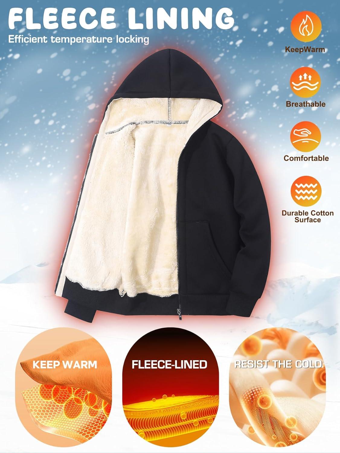 imageGihuo Unisex Boys Girls Winter Warm Sherpa Lined Zip Up Sweatshirt Fleece Jacket Kids Hoodie OuterwearBlack