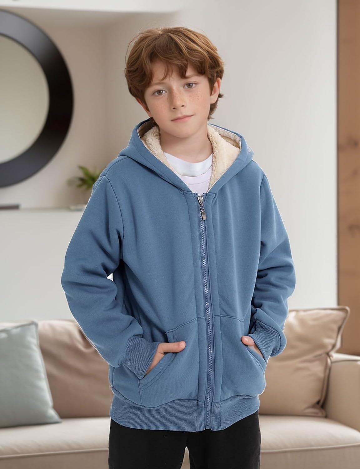 imageGihuo Unisex Boys Girls Winter Warm Sherpa Lined Zip Up Sweatshirt Fleece Jacket Kids Hoodie OuterwearBlue