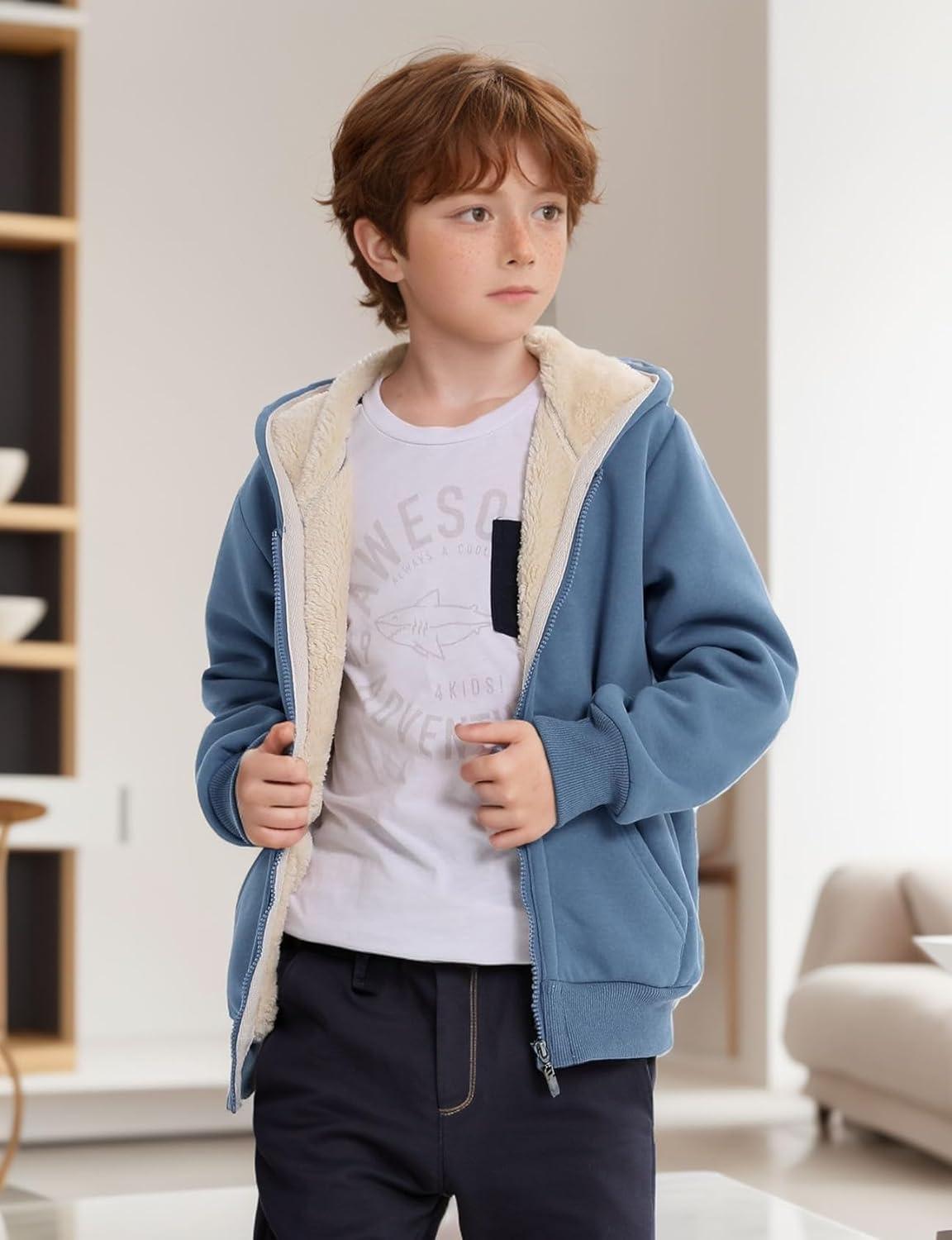 imageGihuo Unisex Boys Girls Winter Warm Sherpa Lined Zip Up Sweatshirt Fleece Jacket Kids Hoodie OuterwearBlue