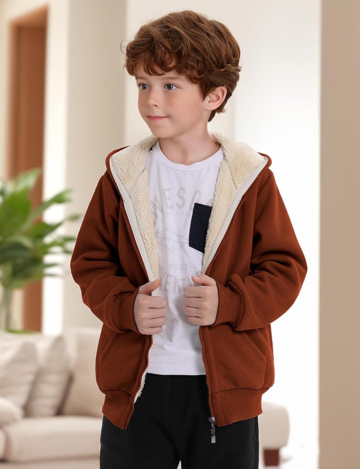imageGihuo Unisex Boys Girls Winter Warm Sherpa Lined Zip Up Sweatshirt Fleece Jacket Kids Hoodie OuterwearBrown