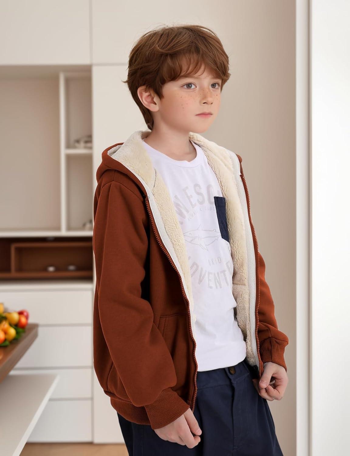 imageGihuo Unisex Boys Girls Winter Warm Sherpa Lined Zip Up Sweatshirt Fleece Jacket Kids Hoodie OuterwearBrown