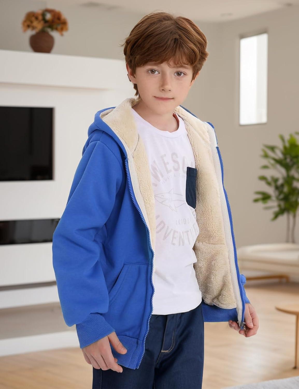 imageGihuo Unisex Boys Girls Winter Warm Sherpa Lined Zip Up Sweatshirt Fleece Jacket Kids Hoodie OuterwearDarkblue