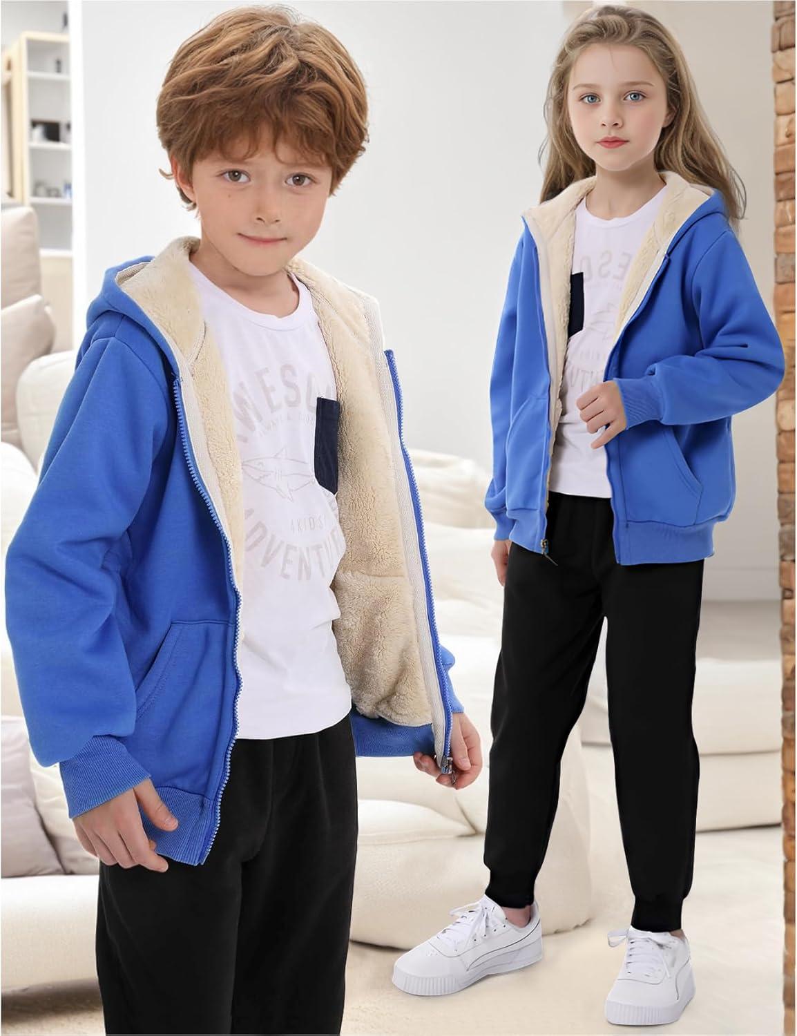 imageGihuo Unisex Boys Girls Winter Warm Sherpa Lined Zip Up Sweatshirt Fleece Jacket Kids Hoodie OuterwearDarkblue