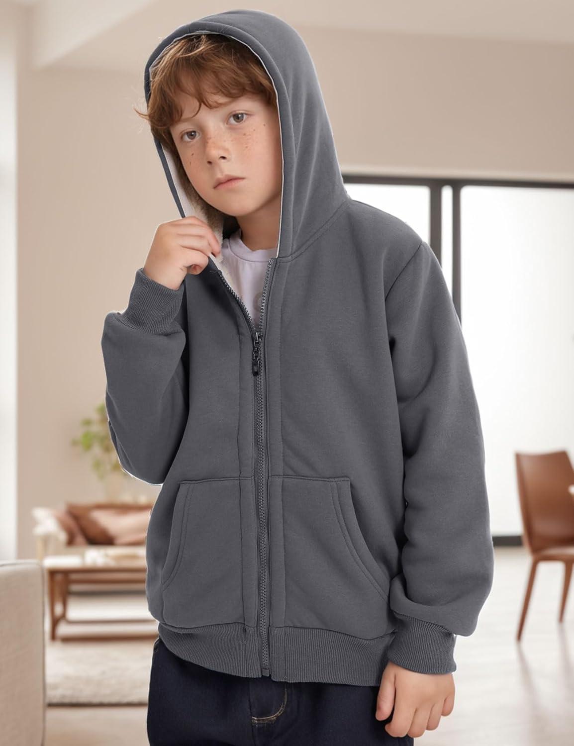 imageGihuo Unisex Boys Girls Winter Warm Sherpa Lined Zip Up Sweatshirt Fleece Jacket Kids Hoodie OuterwearDarkgrey