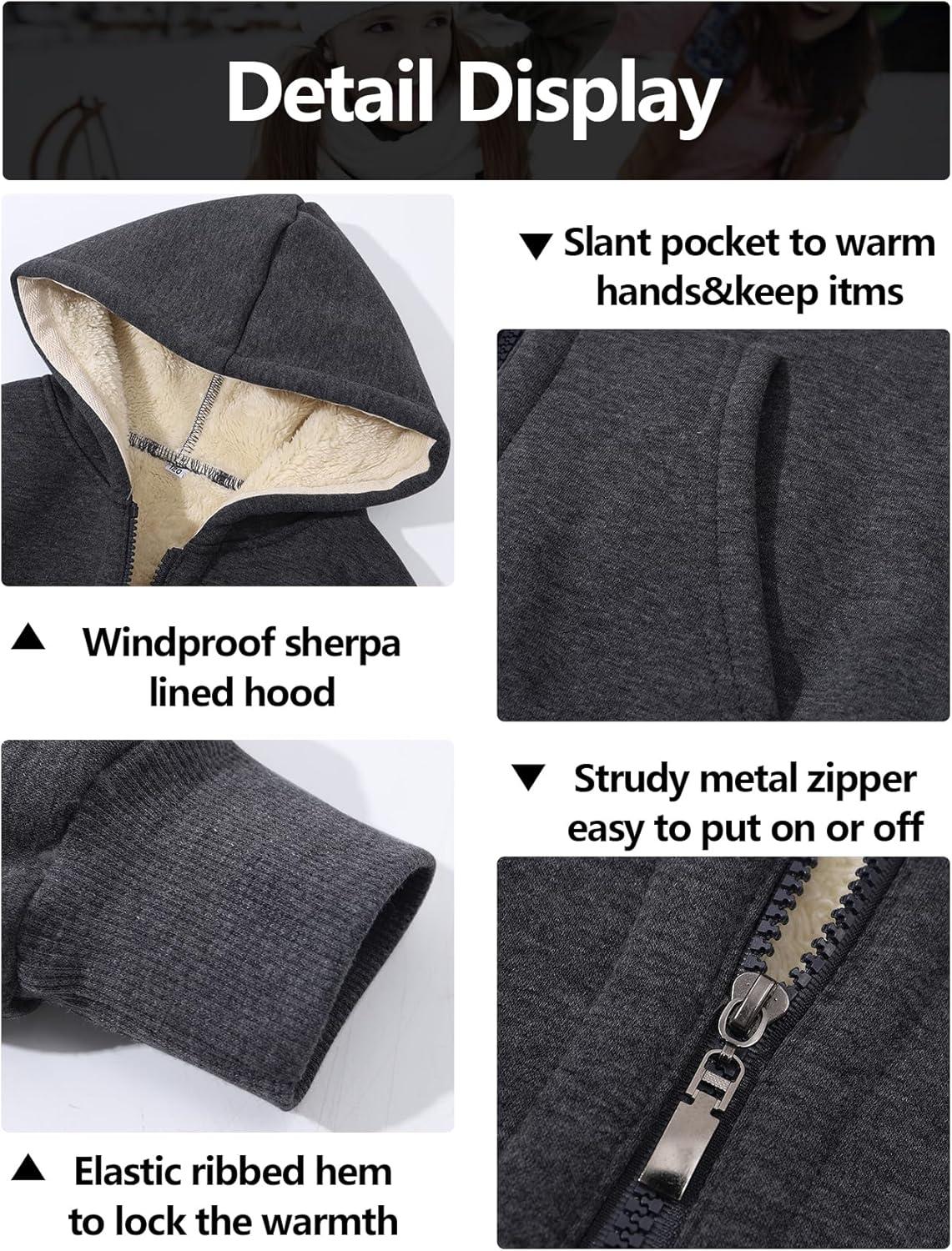 imageGihuo Unisex Boys Girls Winter Warm Sherpa Lined Zip Up Sweatshirt Fleece Jacket Kids Hoodie OuterwearDarkgrey