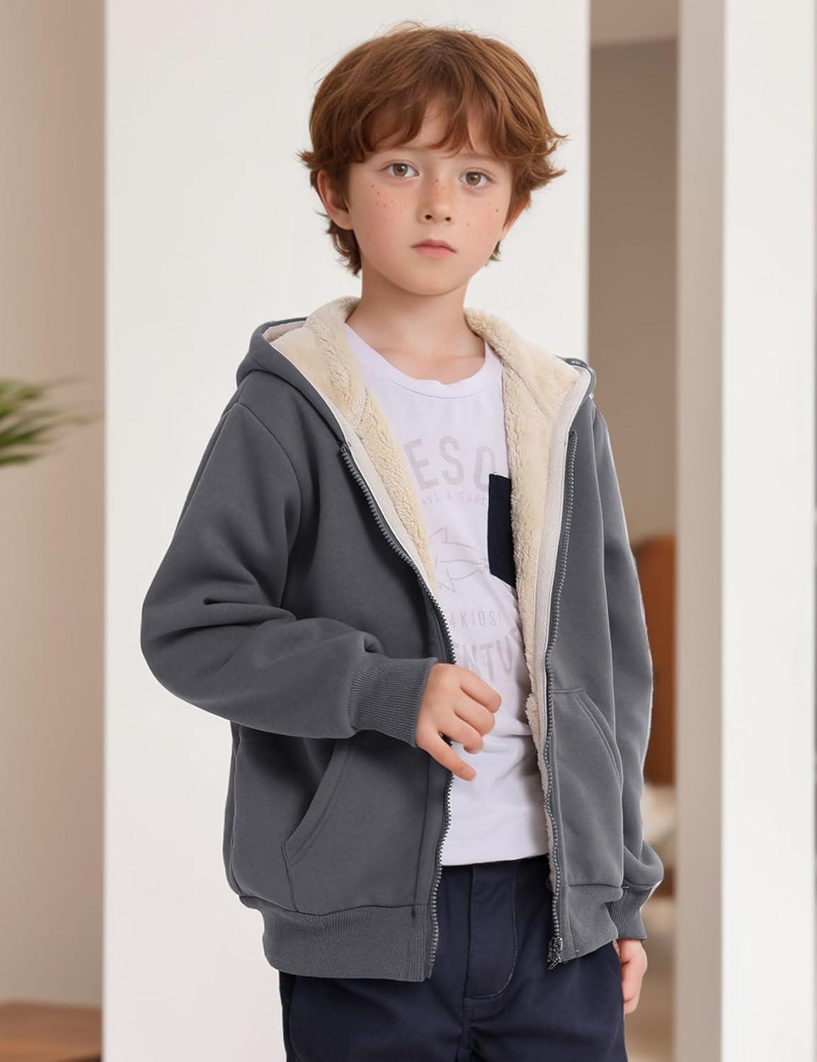 imageGihuo Unisex Boys Girls Winter Warm Sherpa Lined Zip Up Sweatshirt Fleece Jacket Kids Hoodie OuterwearDarkgrey