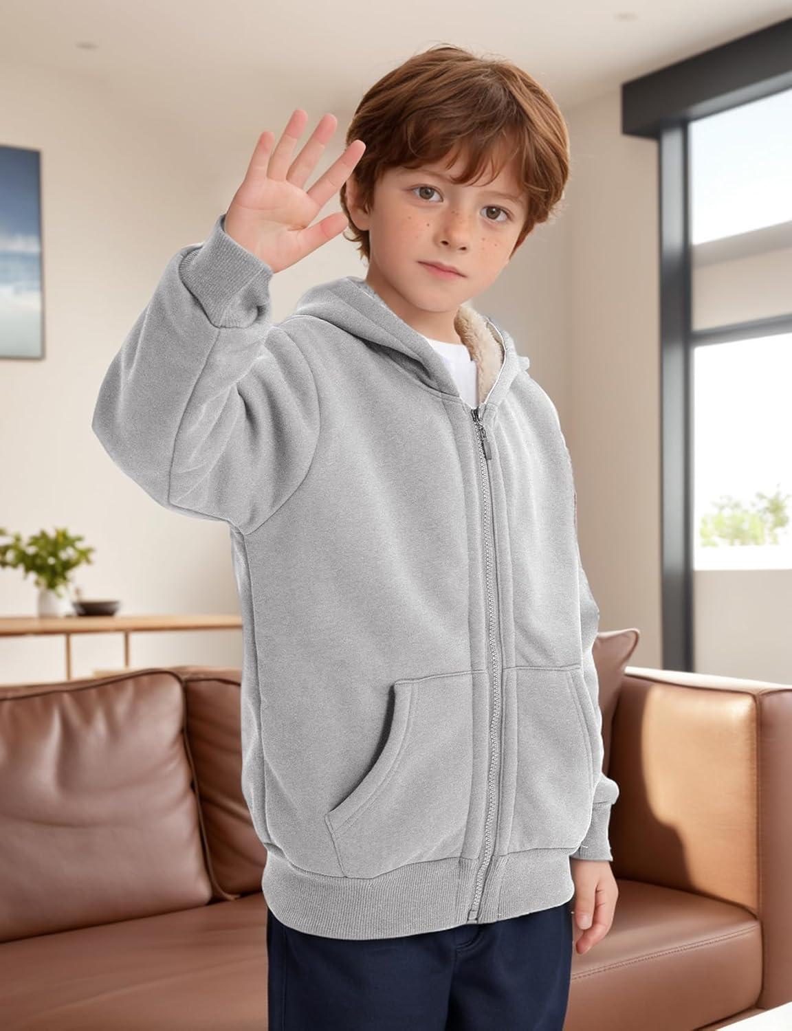 imageGihuo Unisex Boys Girls Winter Warm Sherpa Lined Zip Up Sweatshirt Fleece Jacket Kids Hoodie OuterwearLightgrey