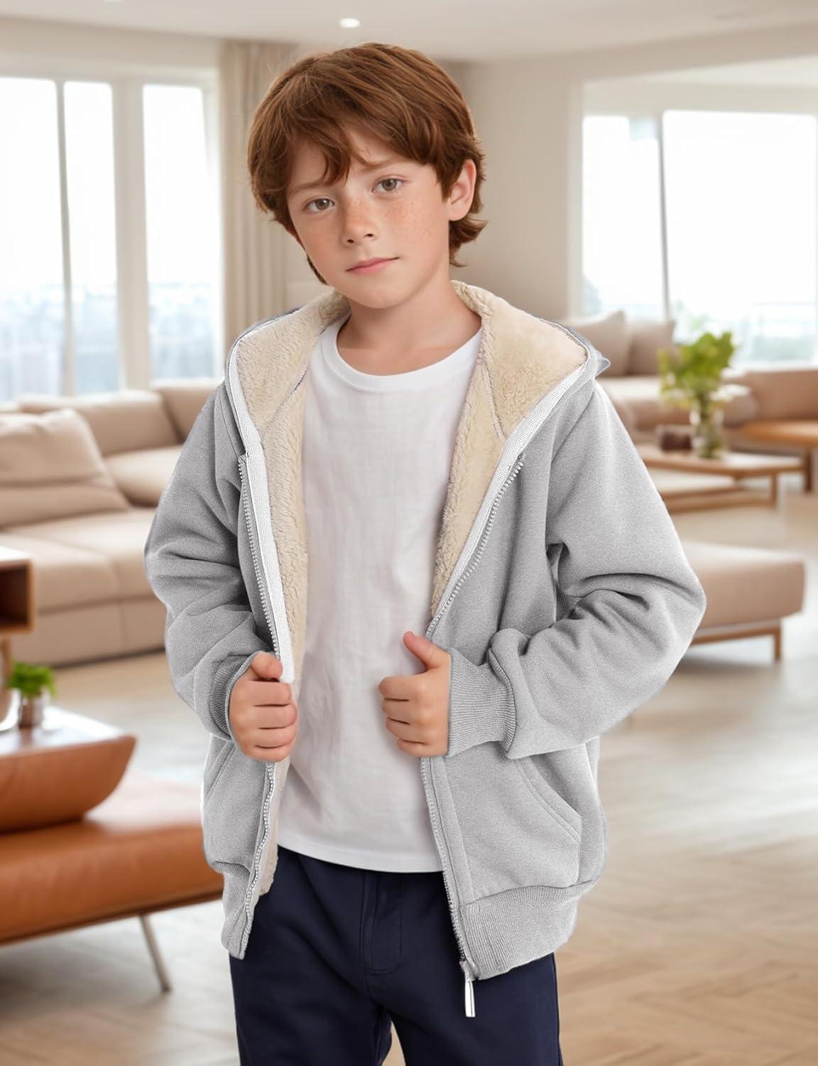 imageGihuo Unisex Boys Girls Winter Warm Sherpa Lined Zip Up Sweatshirt Fleece Jacket Kids Hoodie OuterwearLightgrey