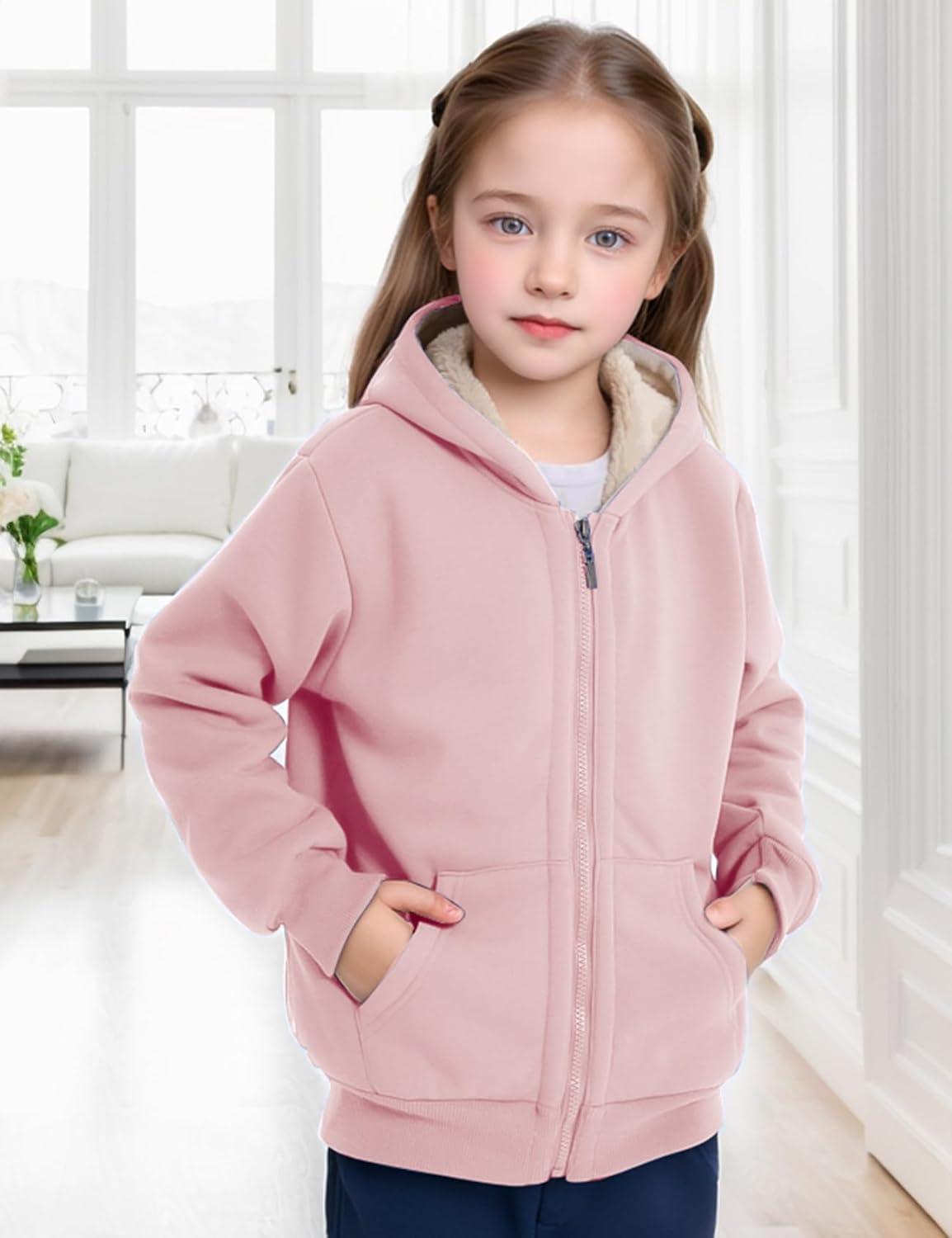 imageGihuo Unisex Boys Girls Winter Warm Sherpa Lined Zip Up Sweatshirt Fleece Jacket Kids Hoodie OuterwearPink