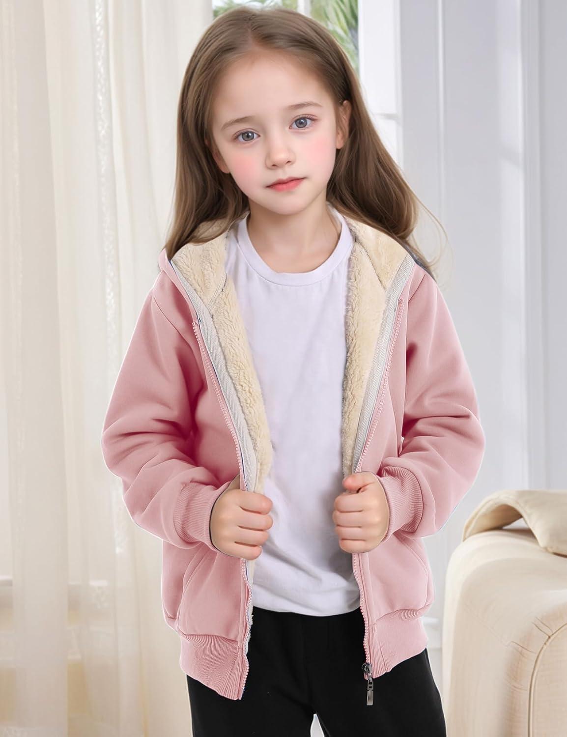 imageGihuo Unisex Boys Girls Winter Warm Sherpa Lined Zip Up Sweatshirt Fleece Jacket Kids Hoodie OuterwearPink