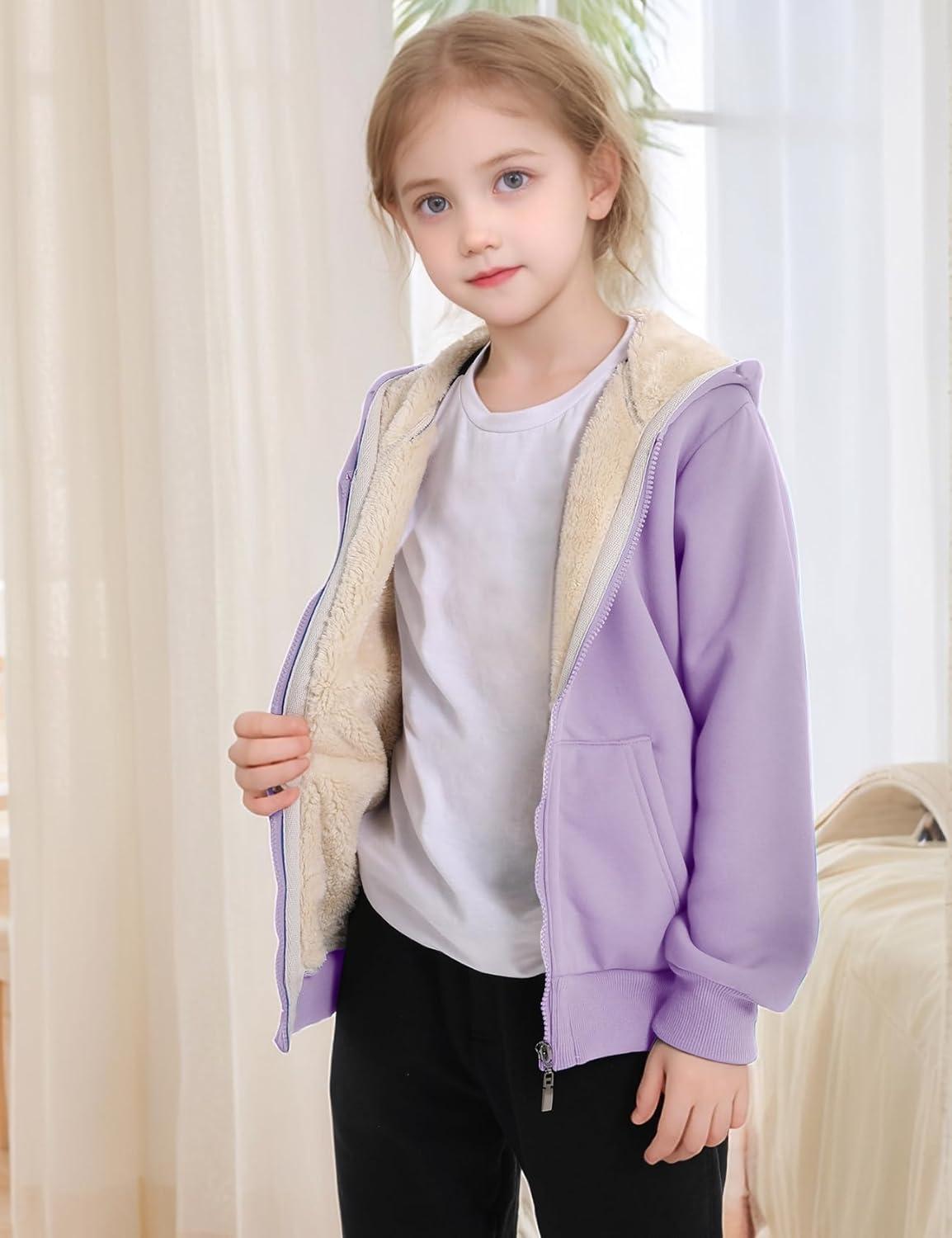 imageGihuo Unisex Boys Girls Winter Warm Sherpa Lined Zip Up Sweatshirt Fleece Jacket Kids Hoodie OuterwearPurple