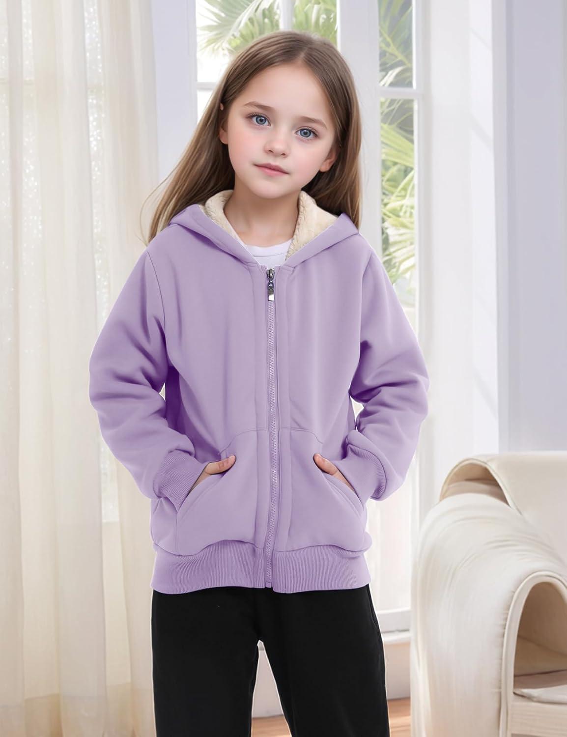 imageGihuo Unisex Boys Girls Winter Warm Sherpa Lined Zip Up Sweatshirt Fleece Jacket Kids Hoodie OuterwearPurple
