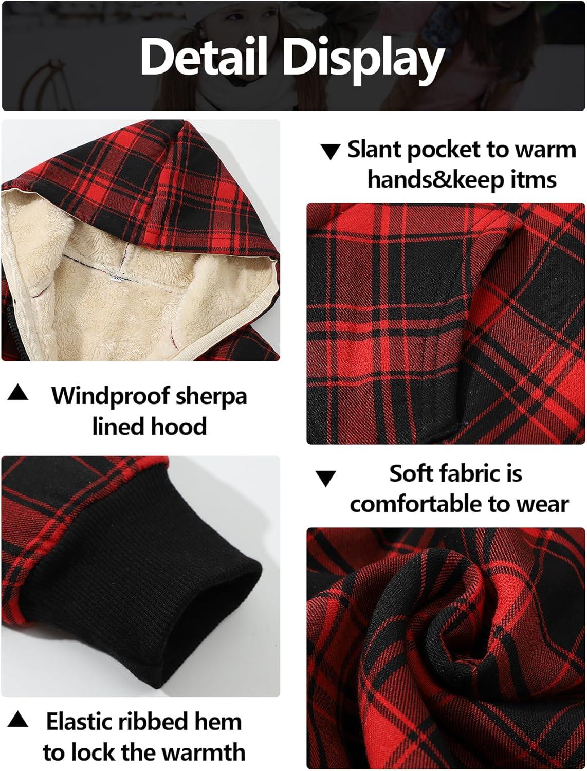 imageGihuo Unisex Boys Girls Winter Warm Sherpa Lined Zip Up Sweatshirt Fleece Jacket Kids Hoodie OuterwearRedplaid