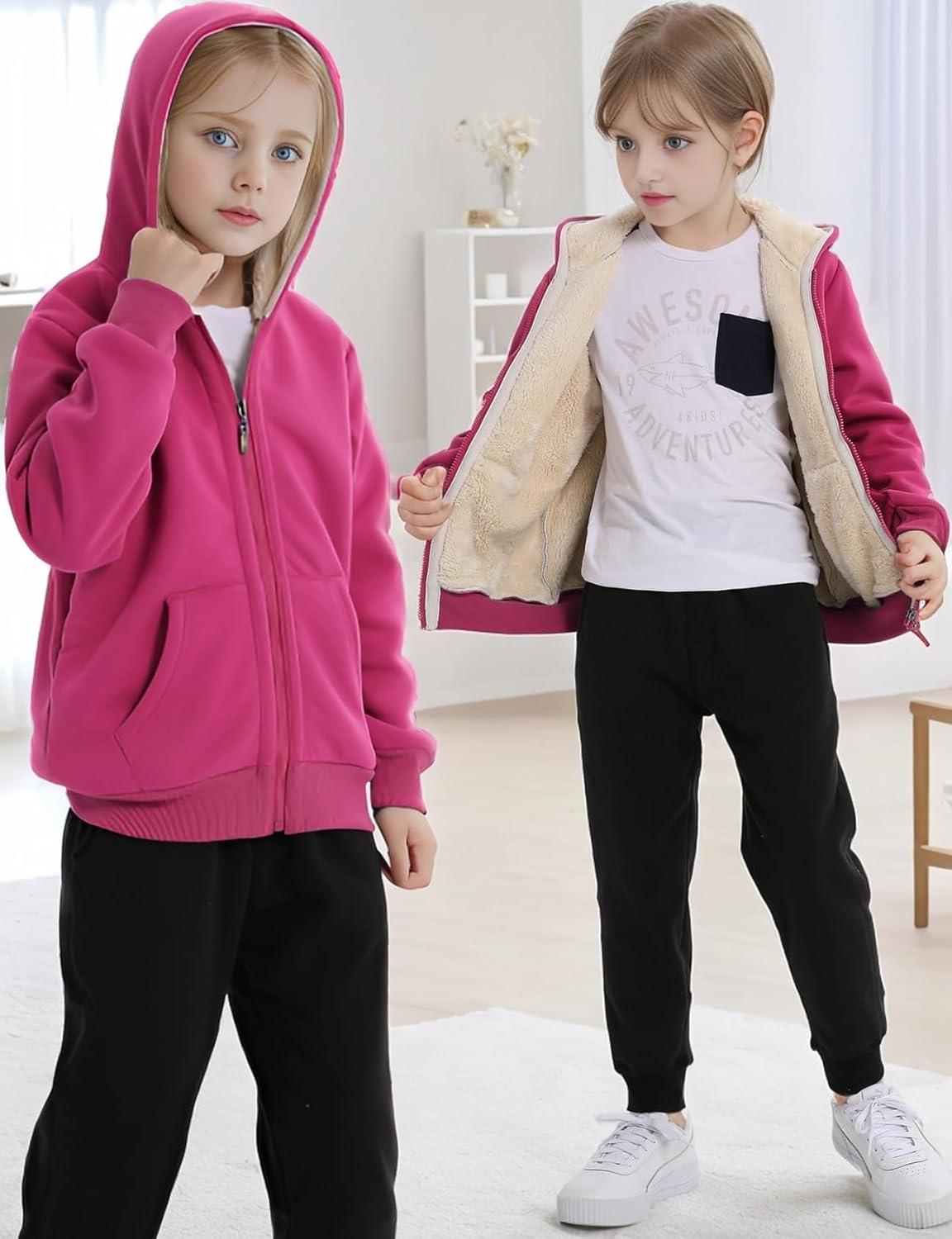imageGihuo Unisex Boys Girls Winter Warm Sherpa Lined Zip Up Sweatshirt Fleece Jacket Kids Hoodie OuterwearRosered