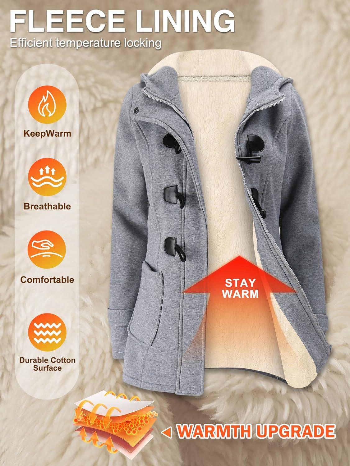 imageGihuo Winter Jackets for Women Sherpa Lined Jacket Women Duffle Toggle Coat Hooded Fleece JacketLightgrey