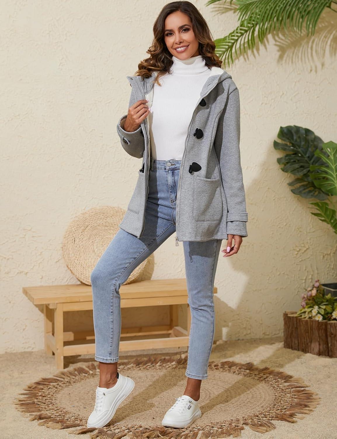 imageGihuo Winter Jackets for Women Sherpa Lined Jacket Women Duffle Toggle Coat Hooded Fleece JacketLightgrey
