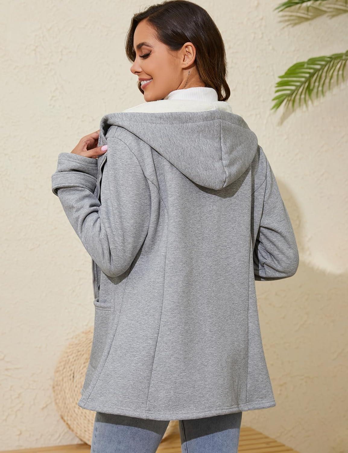 imageGihuo Winter Jackets for Women Sherpa Lined Jacket Women Duffle Toggle Coat Hooded Fleece JacketLightgrey