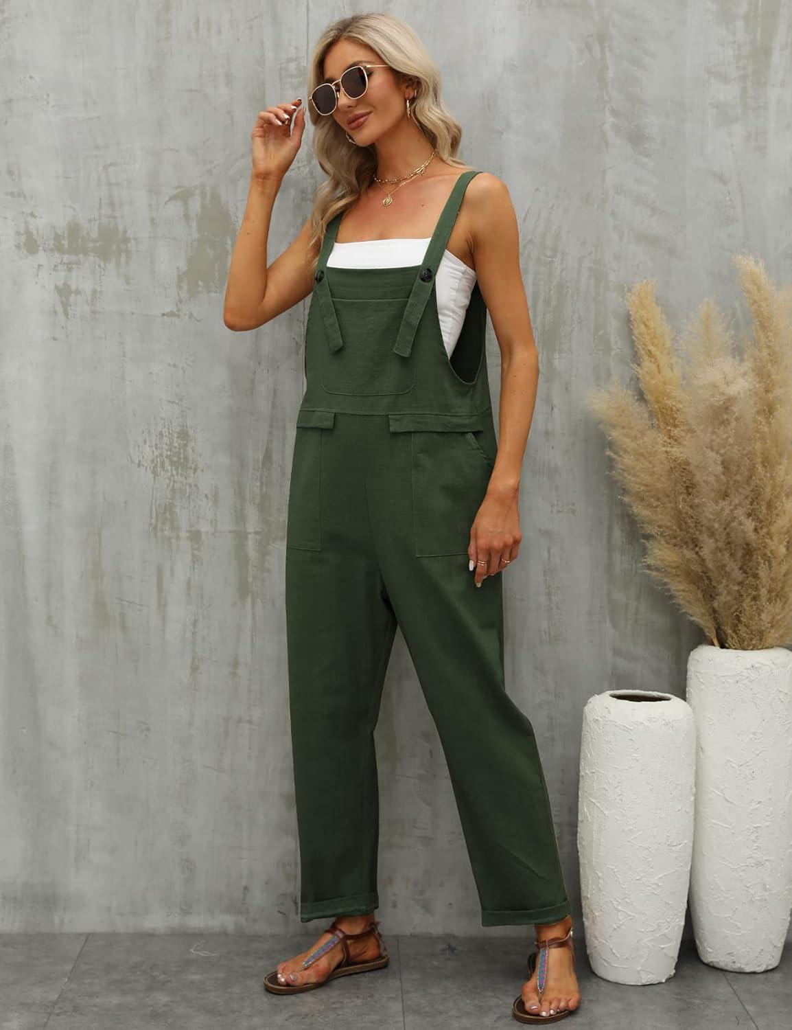 imageGihuo Women Linen Overalls Jumpsuits Loose Fit Baggy Bib Rompers Casual Summer Outfits Trendy 2025Army Green