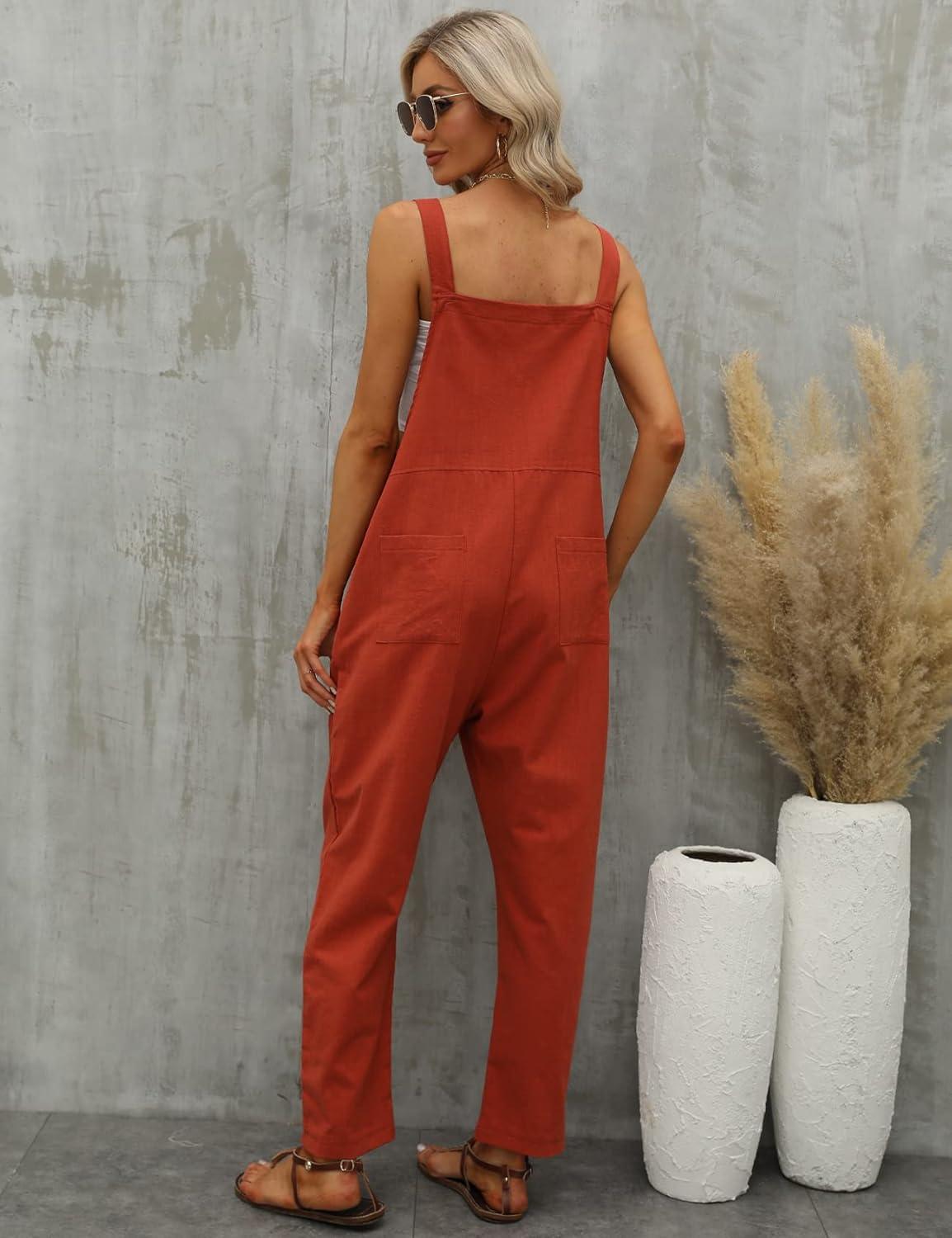imageGihuo Women Linen Overalls Jumpsuits Loose Fit Baggy Bib Rompers Casual Summer Outfits Trendy 2025Brickred