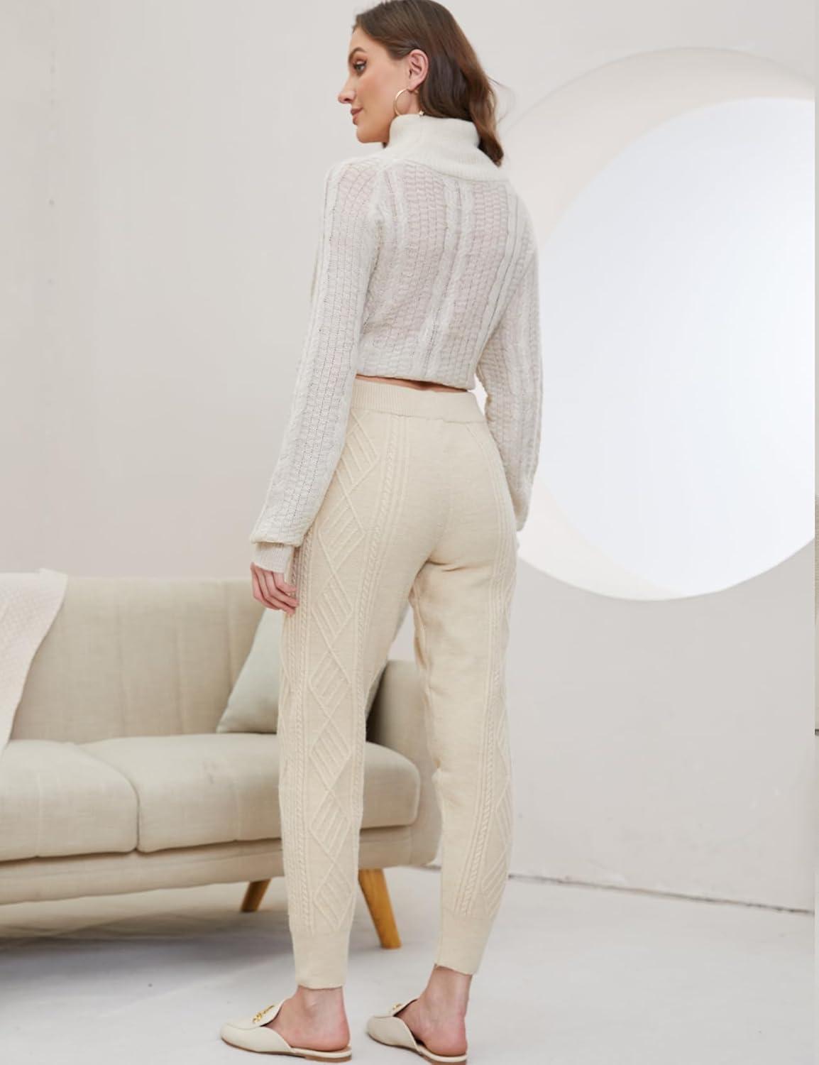 imageGihuo Women s Cable Knit Sweater Pants Long Harem Joggers with Elastic WaistBeige
