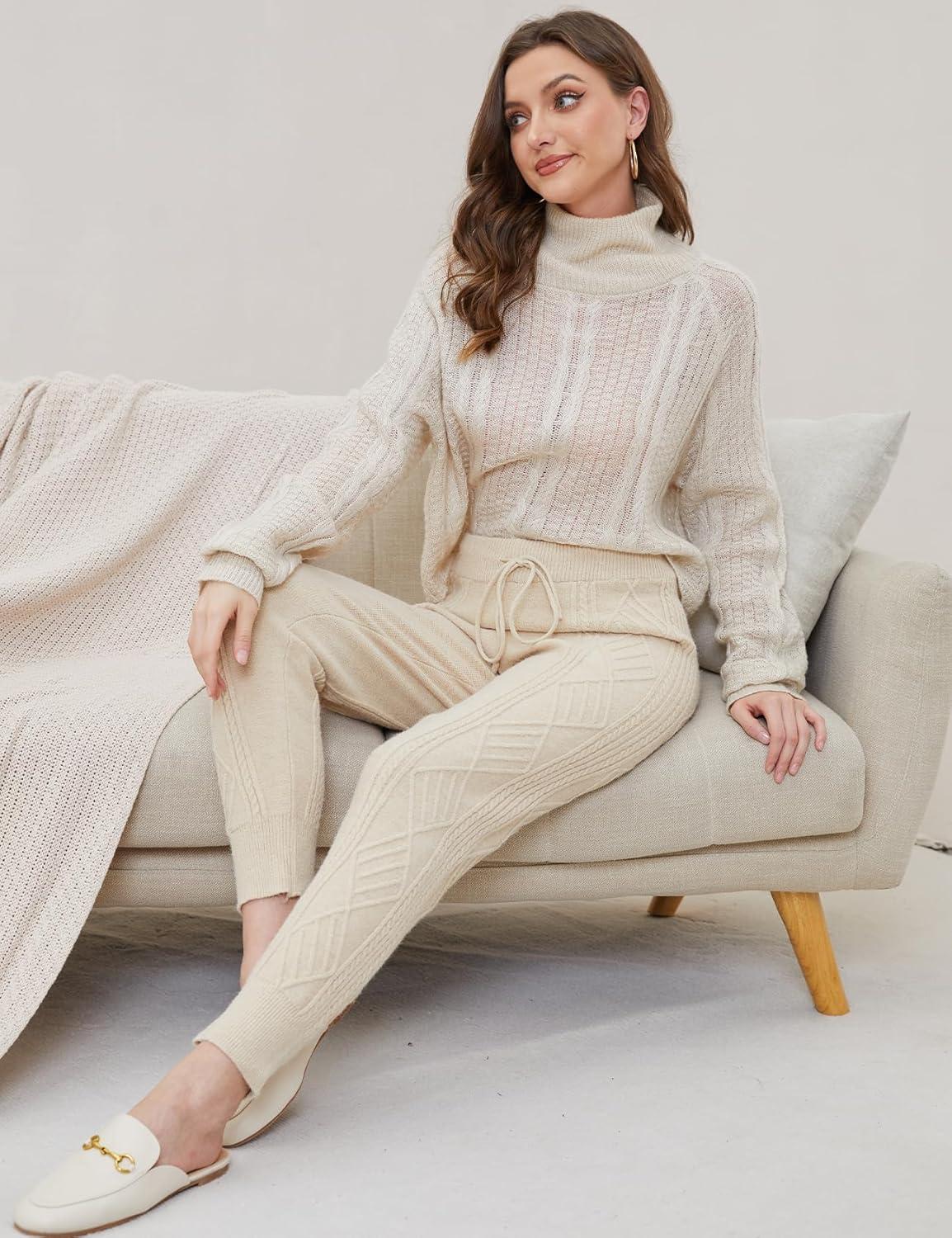 imageGihuo Women s Cable Knit Sweater Pants Long Harem Joggers with Elastic WaistBeige