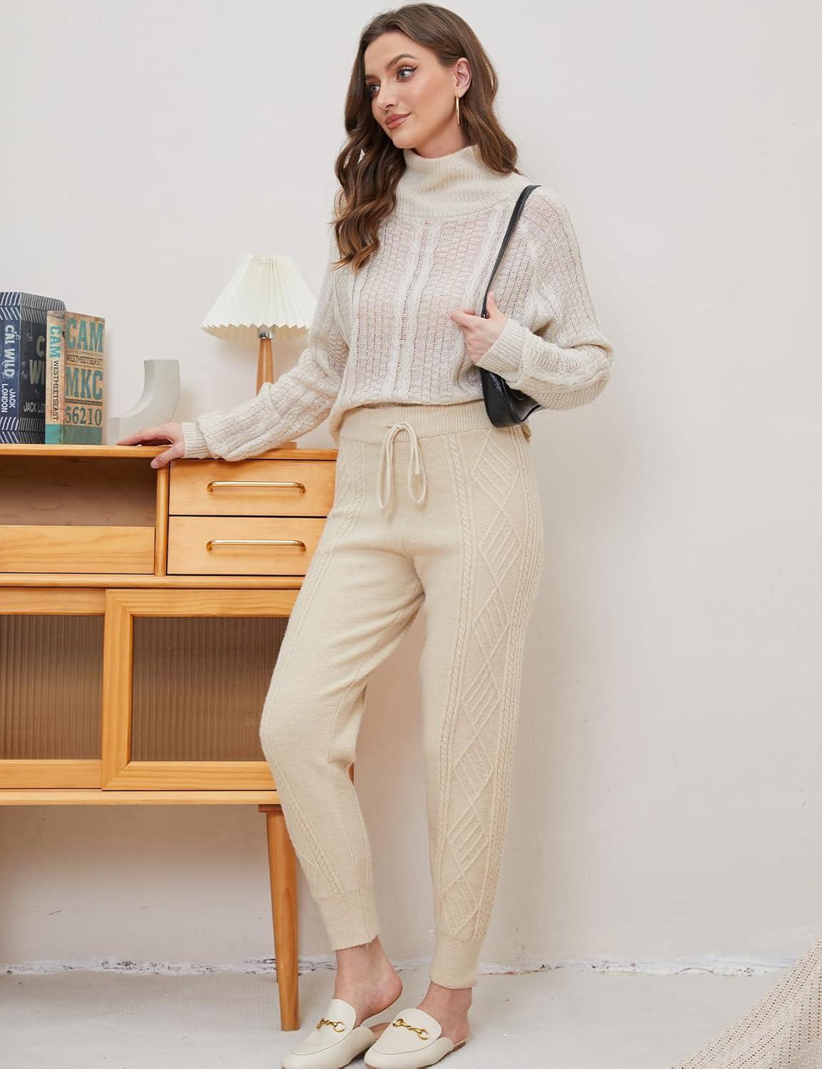 imageGihuo Women s Cable Knit Sweater Pants Long Harem Joggers with Elastic WaistBeige
