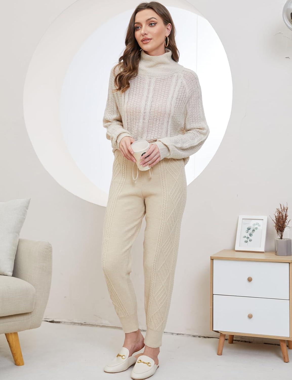 imageGihuo Women s Cable Knit Sweater Pants Long Harem Joggers with Elastic WaistBeige