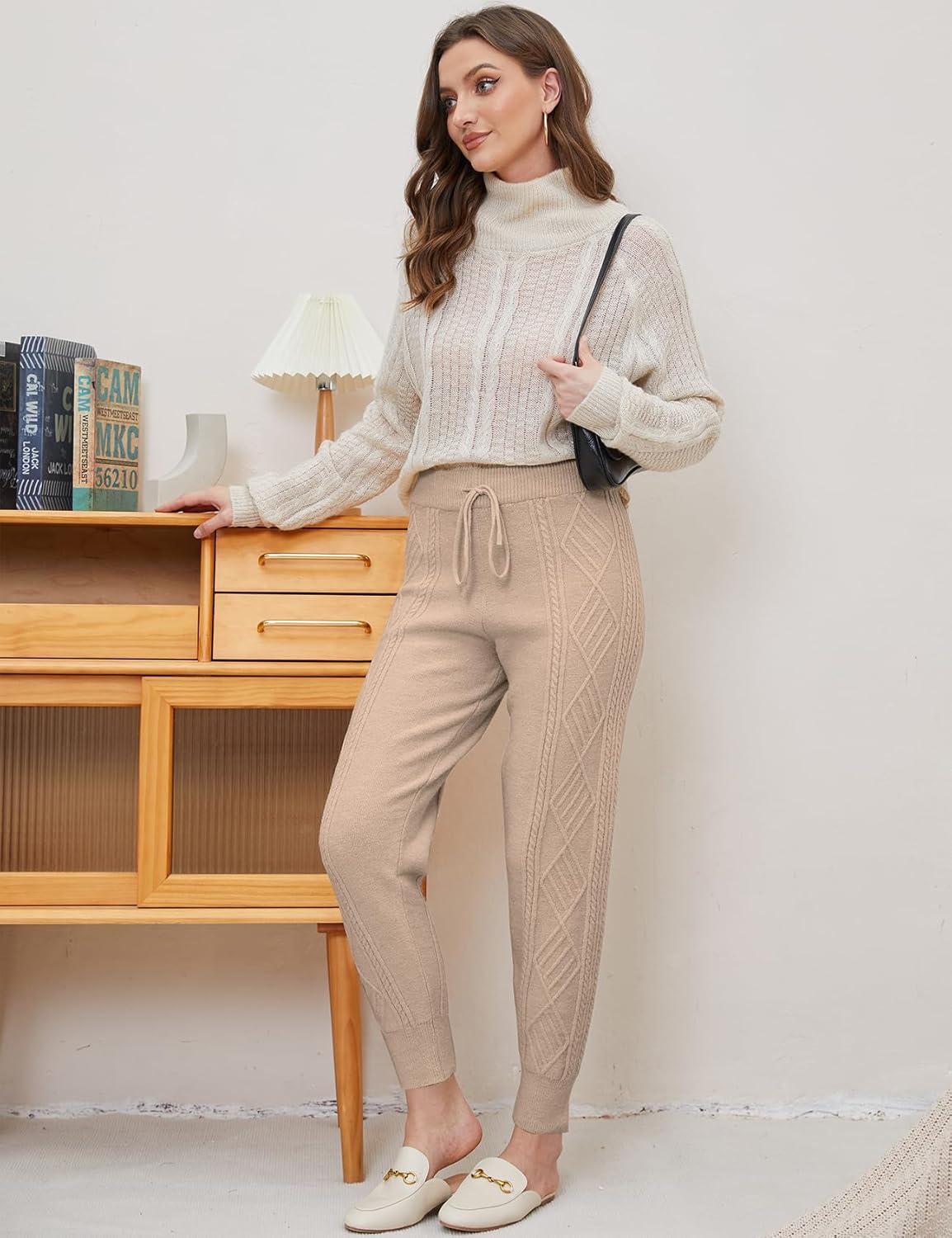 imageGihuo Women s Cable Knit Sweater Pants Long Harem Joggers with Elastic WaistCamel