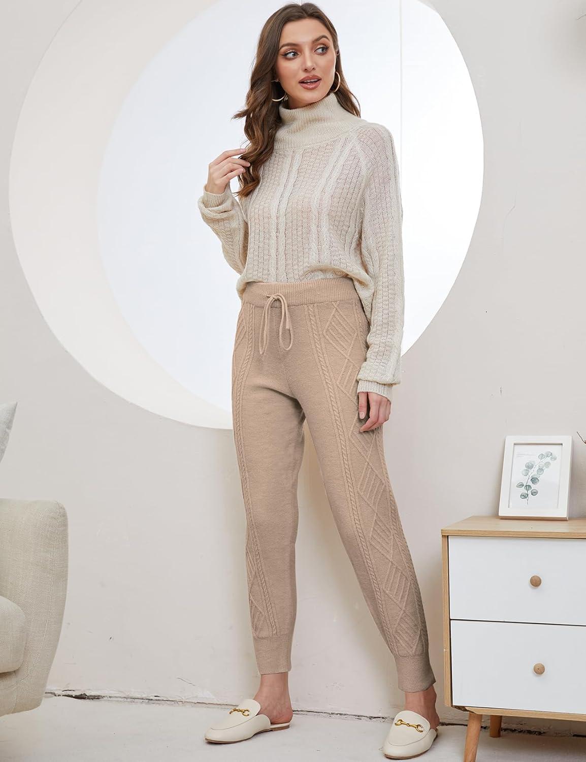 imageGihuo Women s Cable Knit Sweater Pants Long Harem Joggers with Elastic WaistCamel