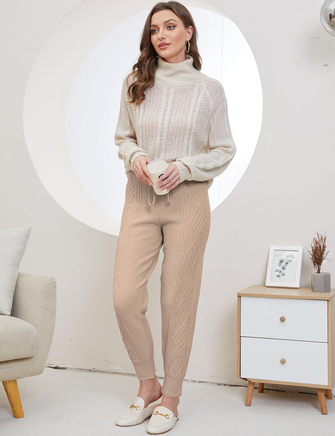 imageGihuo Women s Cable Knit Sweater Pants Long Harem Joggers with Elastic WaistCamel