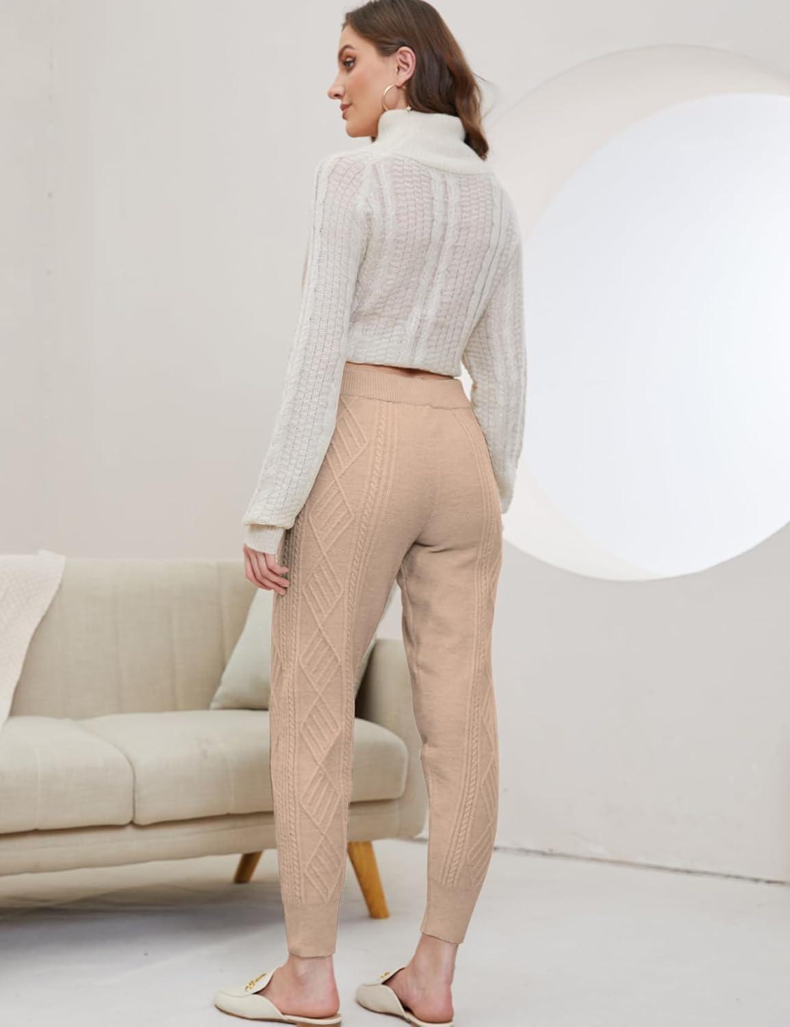 imageGihuo Women s Cable Knit Sweater Pants Long Harem Joggers with Elastic WaistCamel