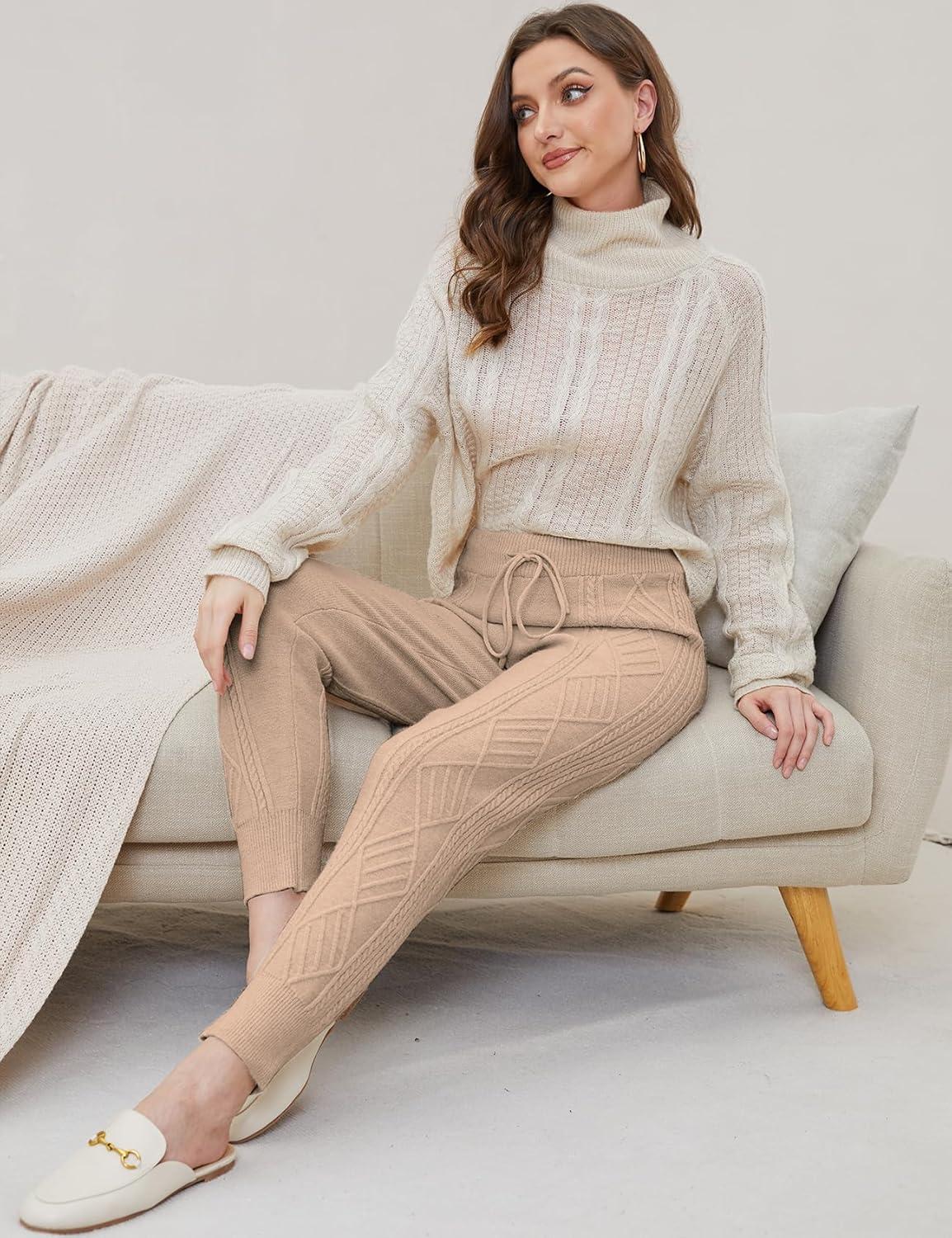 imageGihuo Women s Cable Knit Sweater Pants Long Harem Joggers with Elastic WaistCamel