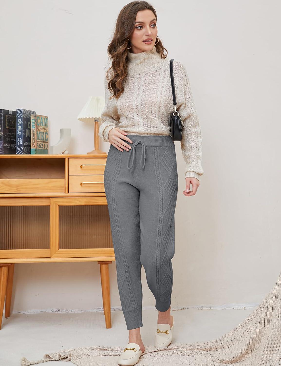 imageGihuo Women s Cable Knit Sweater Pants Long Harem Joggers with Elastic WaistGrey