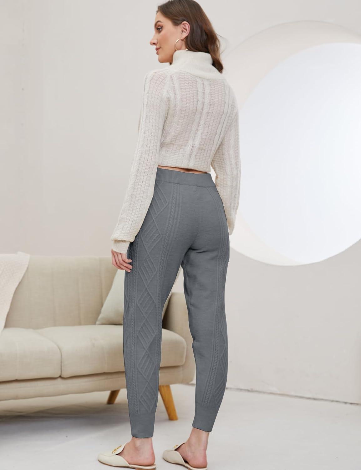 imageGihuo Women s Cable Knit Sweater Pants Long Harem Joggers with Elastic WaistGrey