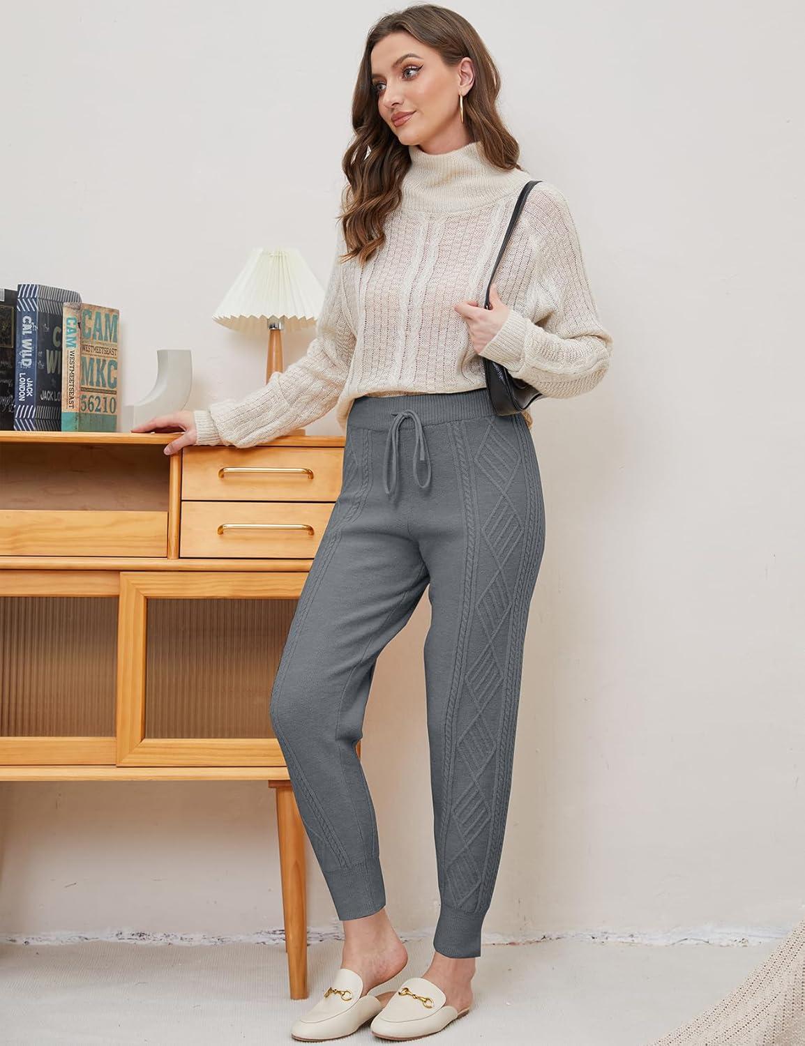 imageGihuo Women s Cable Knit Sweater Pants Long Harem Joggers with Elastic WaistGrey
