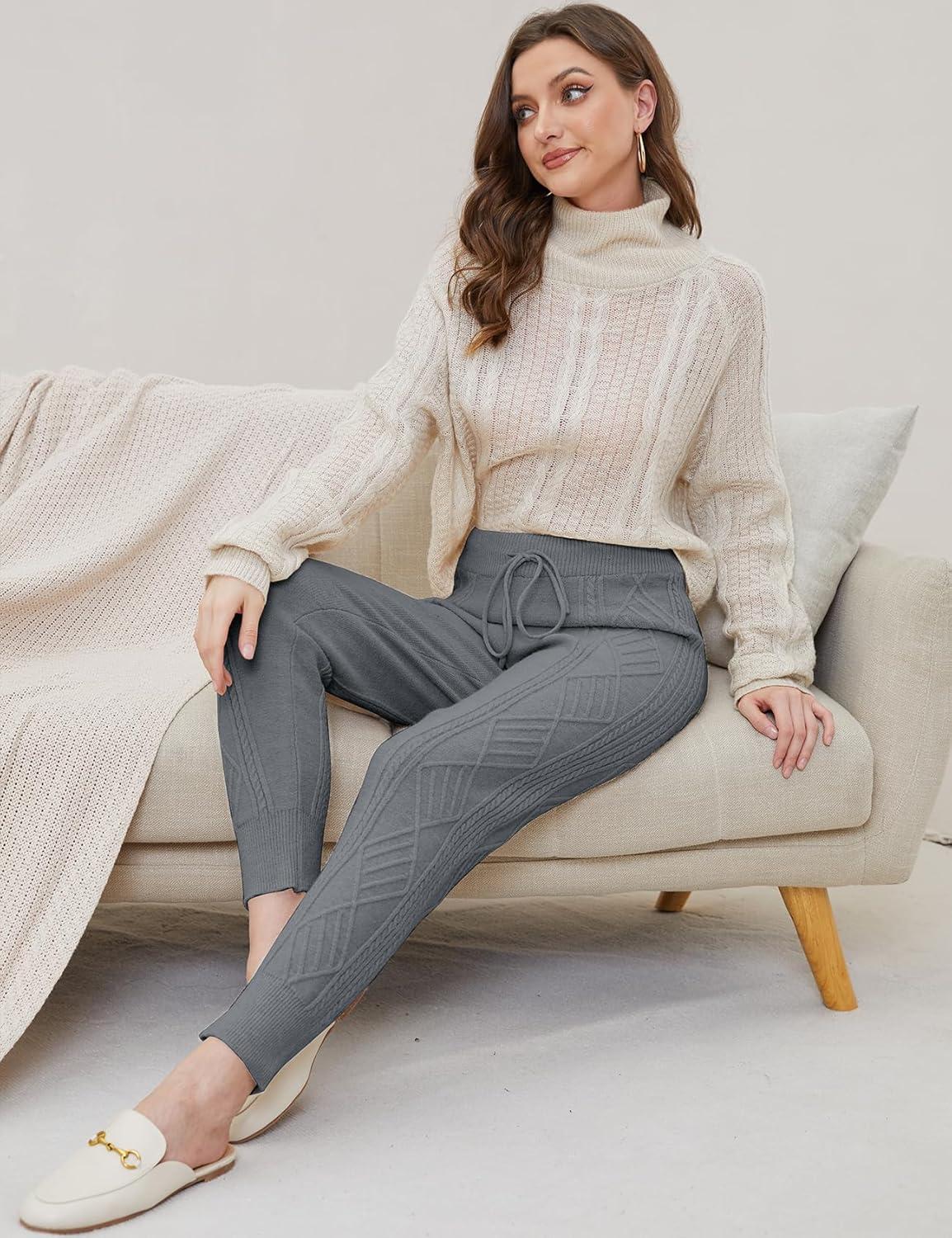 imageGihuo Women s Cable Knit Sweater Pants Long Harem Joggers with Elastic WaistGrey