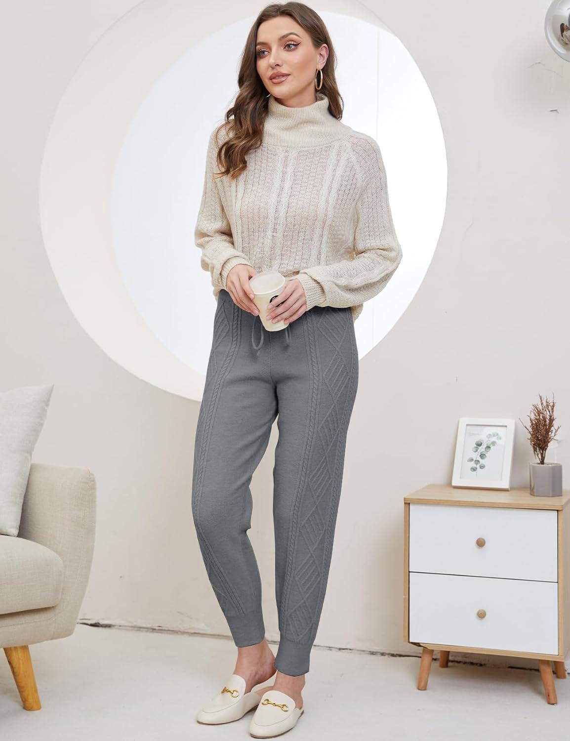 imageGihuo Women s Cable Knit Sweater Pants Long Harem Joggers with Elastic WaistGrey