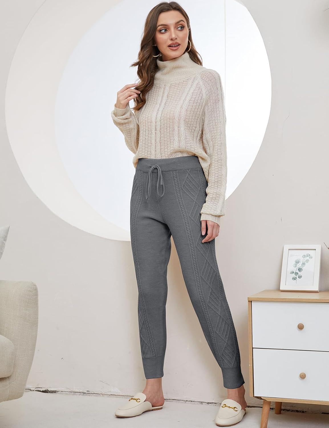 imageGihuo Women s Cable Knit Sweater Pants Long Harem Joggers with Elastic WaistGrey