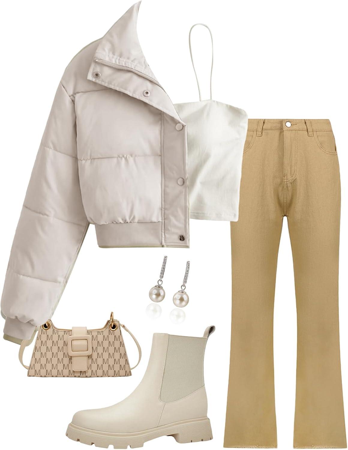 imageGihuo Women s Cropped Puffer Jacket Padded Long Sleeve Bubble Coats Winter Warm Puffy OuterwearBeige