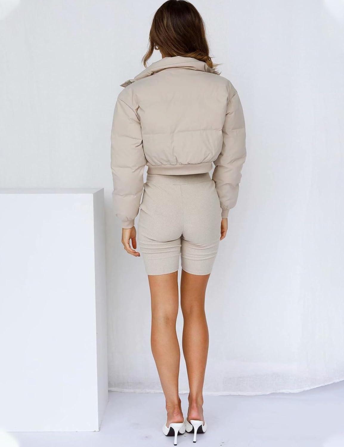 imageGihuo Women s Cropped Puffer Jacket Padded Long Sleeve Bubble Coats Winter Warm Puffy OuterwearBeige