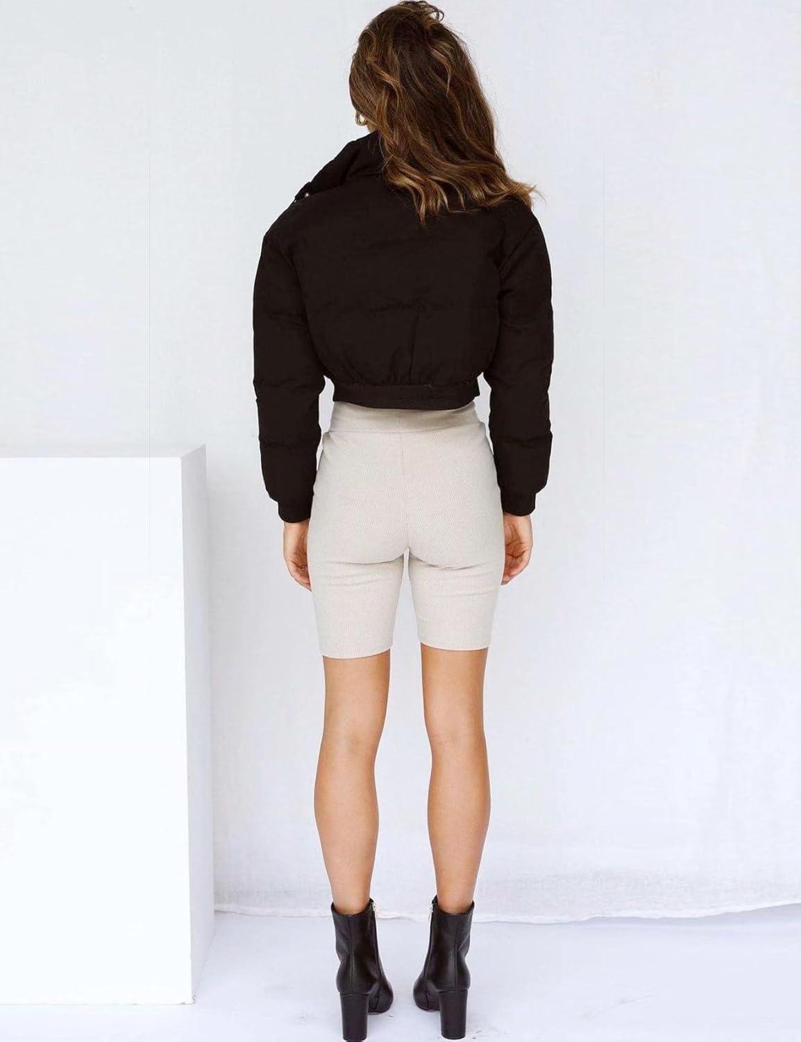 imageGihuo Women s Cropped Puffer Jacket Padded Long Sleeve Bubble Coats Winter Warm Puffy OuterwearBlack