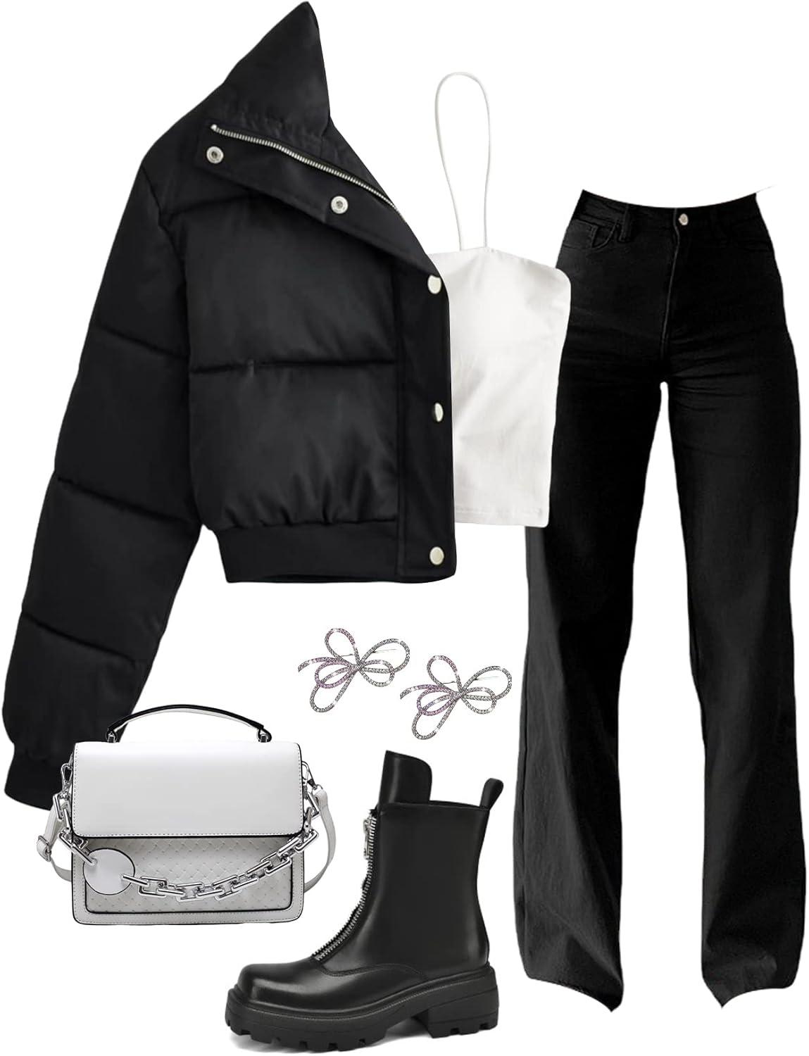 imageGihuo Women s Cropped Puffer Jacket Padded Long Sleeve Bubble Coats Winter Warm Puffy OuterwearBlack