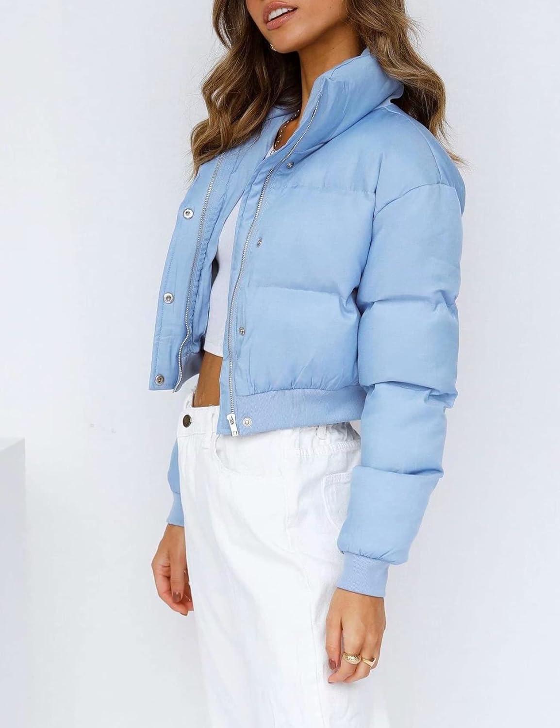imageGihuo Women s Cropped Puffer Jacket Padded Long Sleeve Bubble Coats Winter Warm Puffy OuterwearBlue