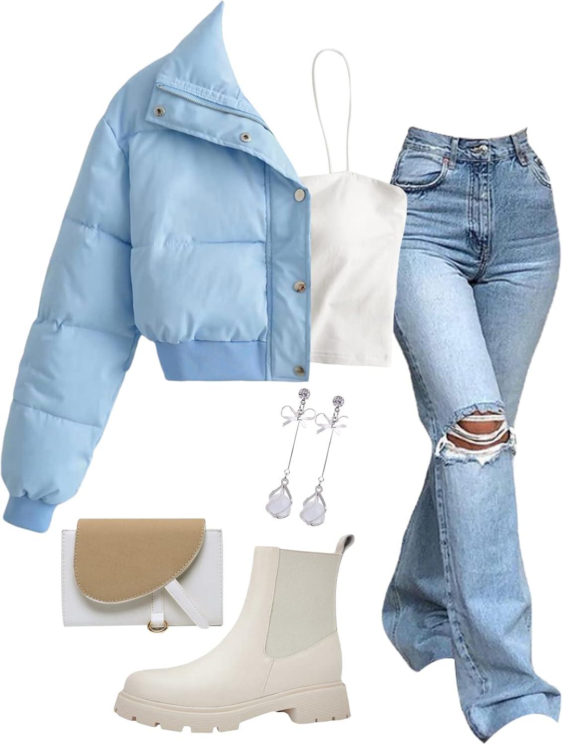 imageGihuo Women s Cropped Puffer Jacket Padded Long Sleeve Bubble Coats Winter Warm Puffy OuterwearBlue