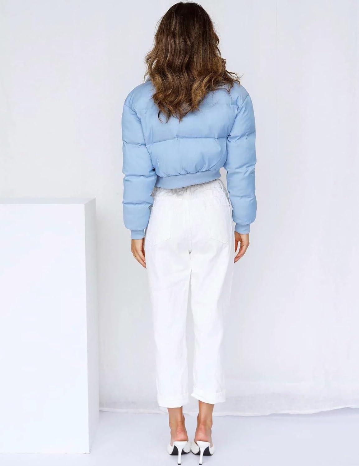 imageGihuo Women s Cropped Puffer Jacket Padded Long Sleeve Bubble Coats Winter Warm Puffy OuterwearBlue
