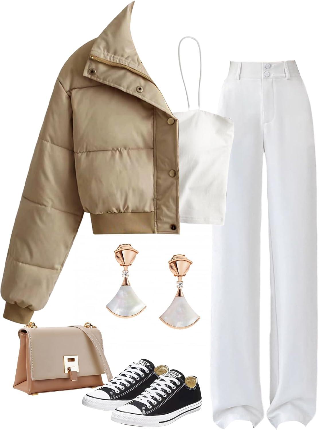 imageGihuo Women s Cropped Puffer Jacket Padded Long Sleeve Bubble Coats Winter Warm Puffy OuterwearKhaki